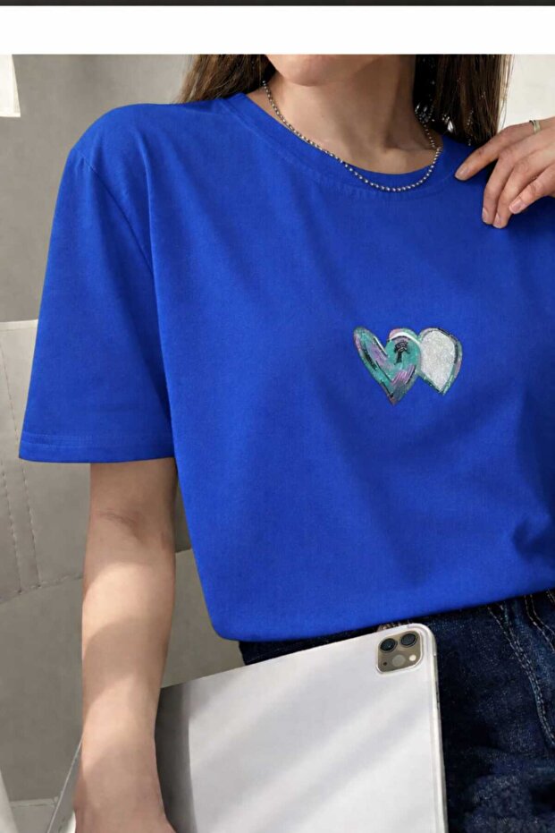 Blue Heart Printed Cobalt Blue T-Shirt