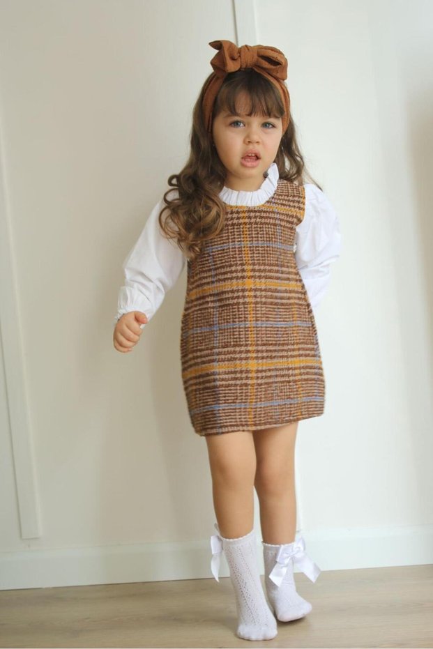 Girl's Houndstooth Patterned Gilet Dress with Shirt Included Stylish Comfortable Set-105-Jlb-086