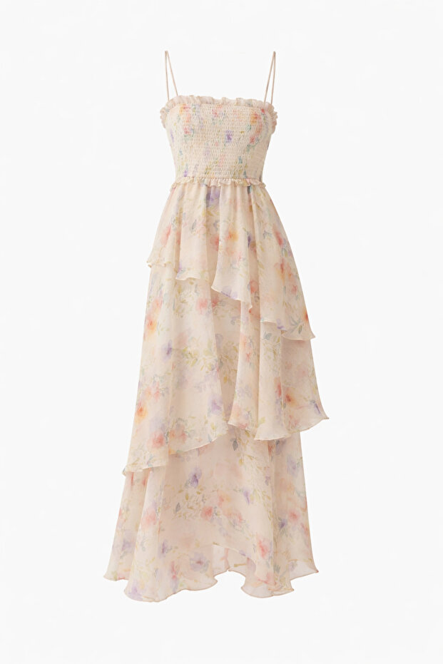 Strappy Floral Patterned Maxi Long Premium Chiffon Dress