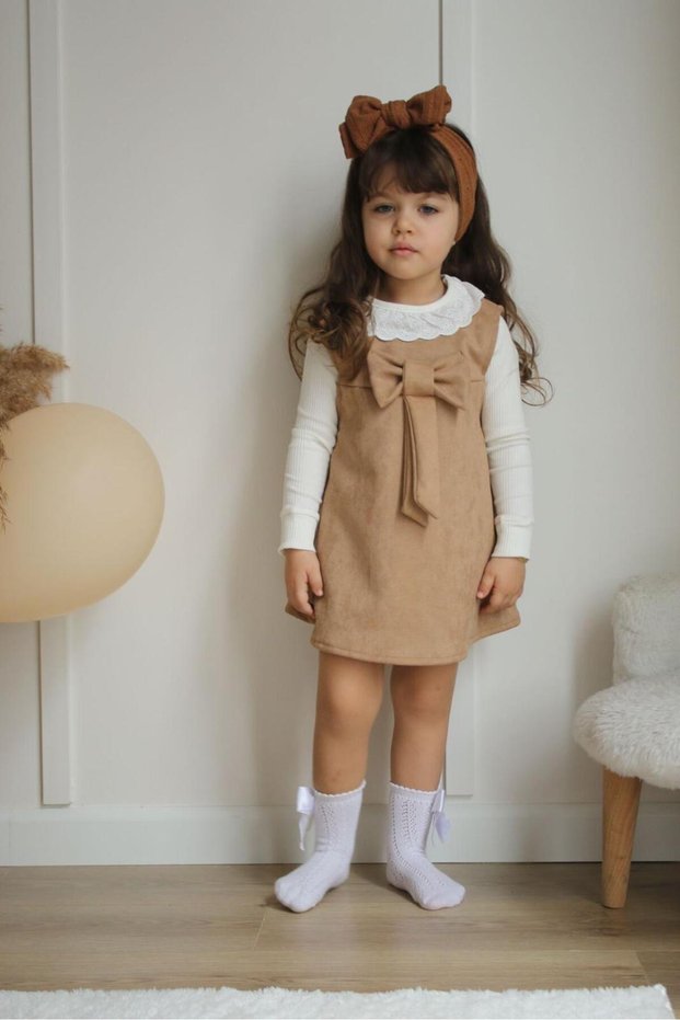 Girl's Suede Dress and Bodysuit Set with Bow, Stylish and Comfortable Set-V-002-Jlb-084