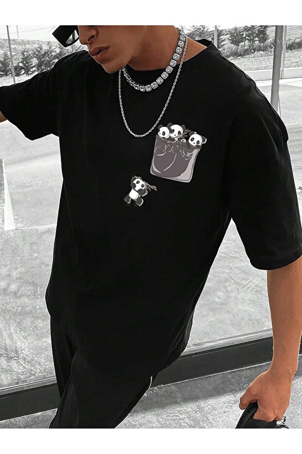Pocket Pandas T-Shirt - Black Printed Oversize Crew Neck Short Sleeve Loose