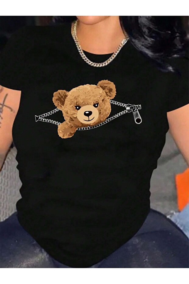 Zipper Teddy Bear T-Shirt - Black Printed Oversize Crew Neck Short Sleeve Loose