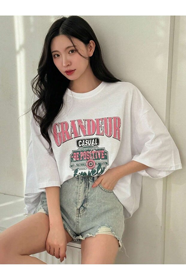 Grandeur T-Shirt - White Printed Oversize Crew Neck Short Sleeve Loose