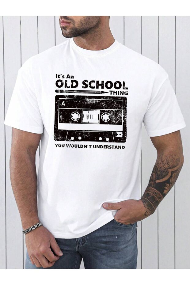 Old School Teyp T-Shirt - White Printed Oversize Crew Neck Short Sleeve Loose Fit