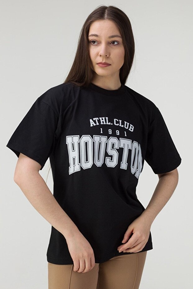 Houston T-shirt - Black Printed Oversize Crew Neck Printed Short Sleeve