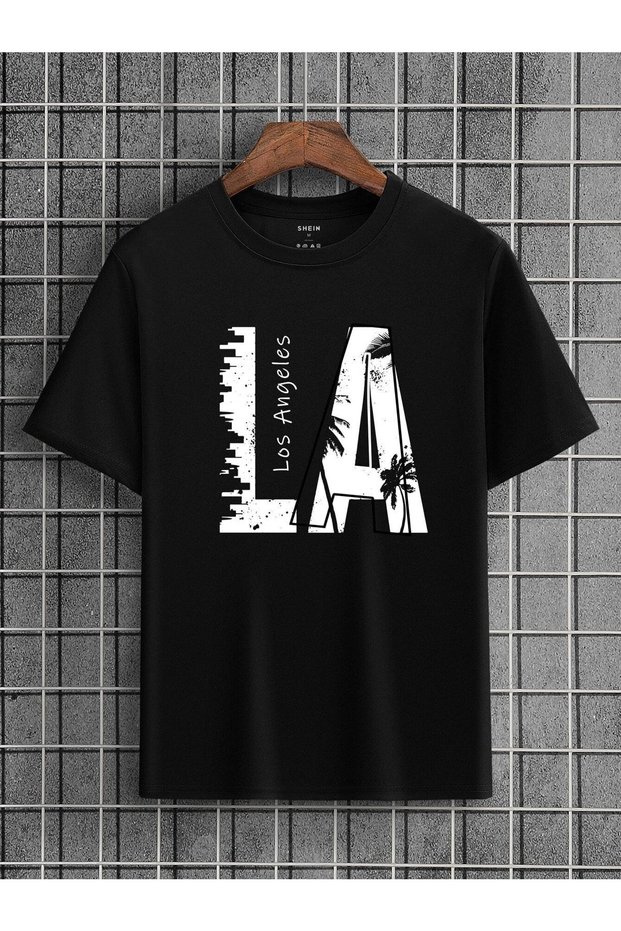La Los Angeles T-shirt - Black, Printed, Crew Neck, Oversize, Short Sleeve, Loose