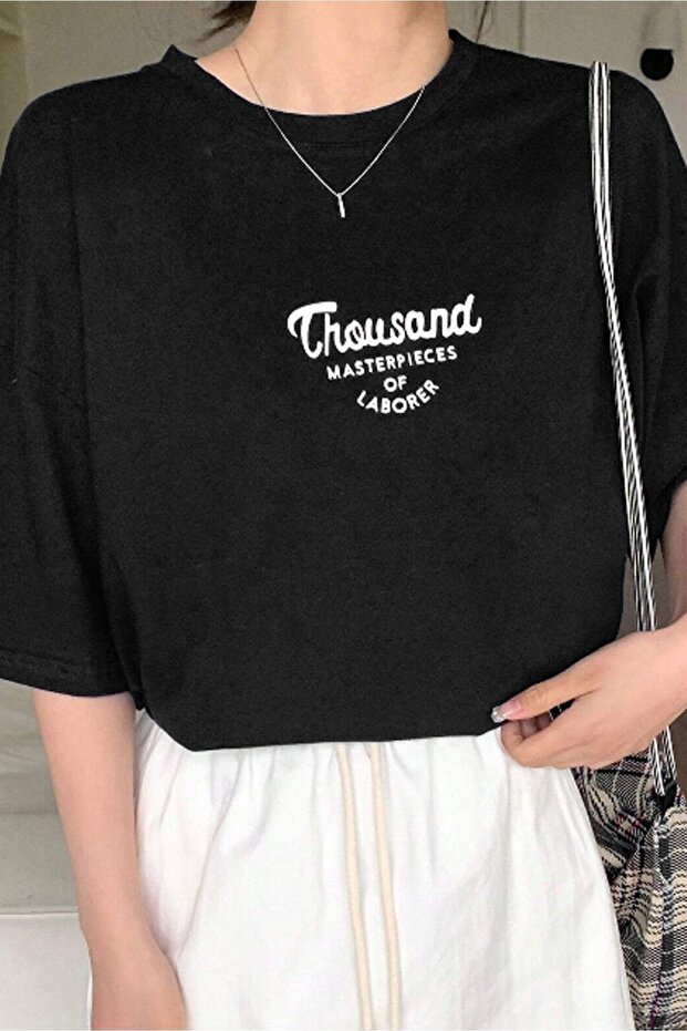 Thousand Masterpieces T-Shirt - Black Printed Oversize Crew Neck Short Sleeve Loose Fit