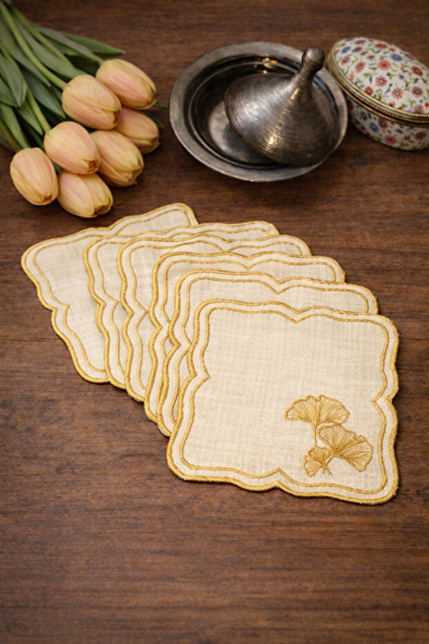 Gold Floral Embroidered Coffee Napkin & Cocktail Presentation Napkin – 6 Pieces with Floral Pattern Embroidery