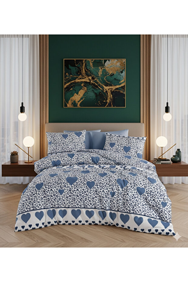 Blue Heart Leopard Patterned Cotton Double Bed Sheet with Elastic Bedding Set + 2 Pillowcases