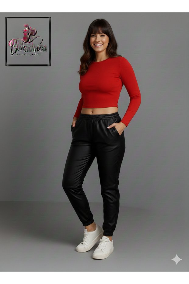 Faux Leather Trousers with Elasticated Waist and Cuffs