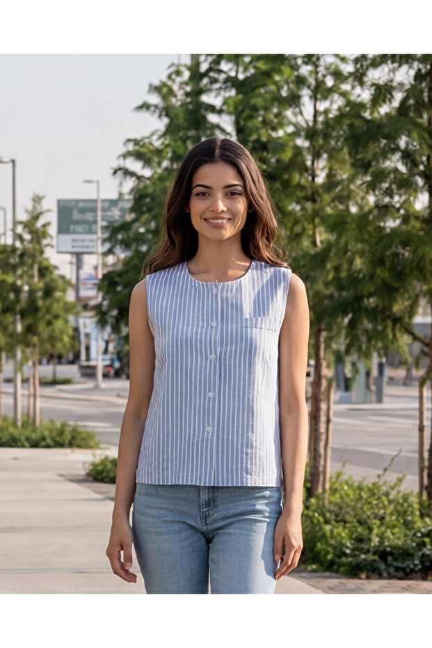 Women Blue Striped Waistcoat