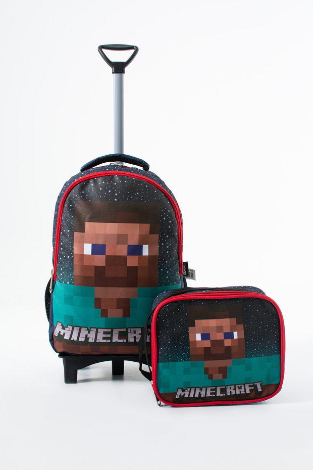 Mine Creeper Steve 2-Piece School Set with Folding Feet and Fixed Trolley, Waterproof Bag, Lunch Bag
