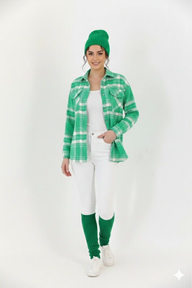 Green-White Square Patterned Cashmere Shirt - Seasonal Comfortable Fit