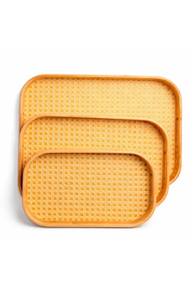 طقم صواني تقديم من بامبو بقاعدة منسوج - 2