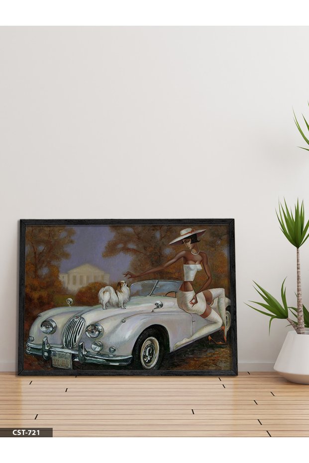 Car, Dog and Woman One-Piece Black Wooden Framed Painting