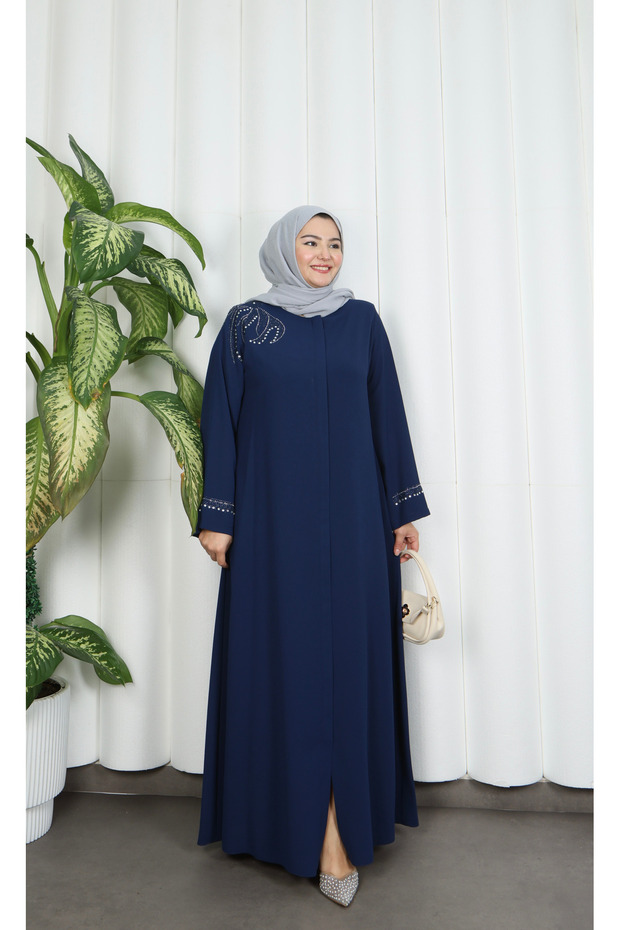 Plus Size Shoulder Stone Embellished Mother Dress Indigo Hnt1002
