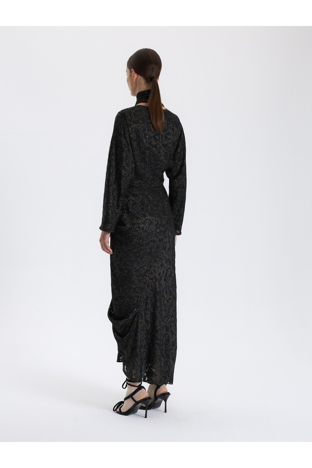 Siyah Desenli Drapeli Elbise - 4