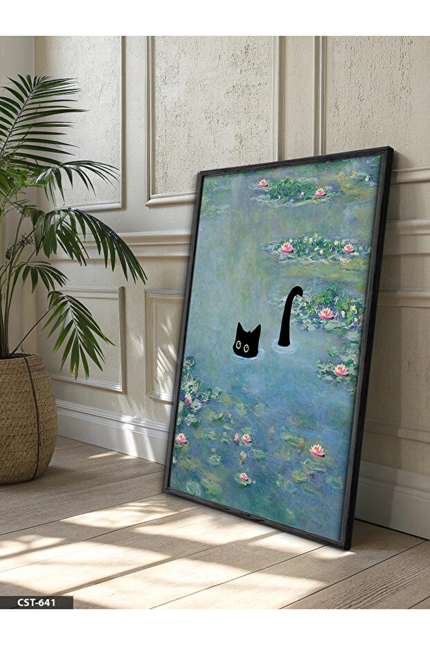 Black Cat in the Lake One Piece Black Wooden Framed Painting