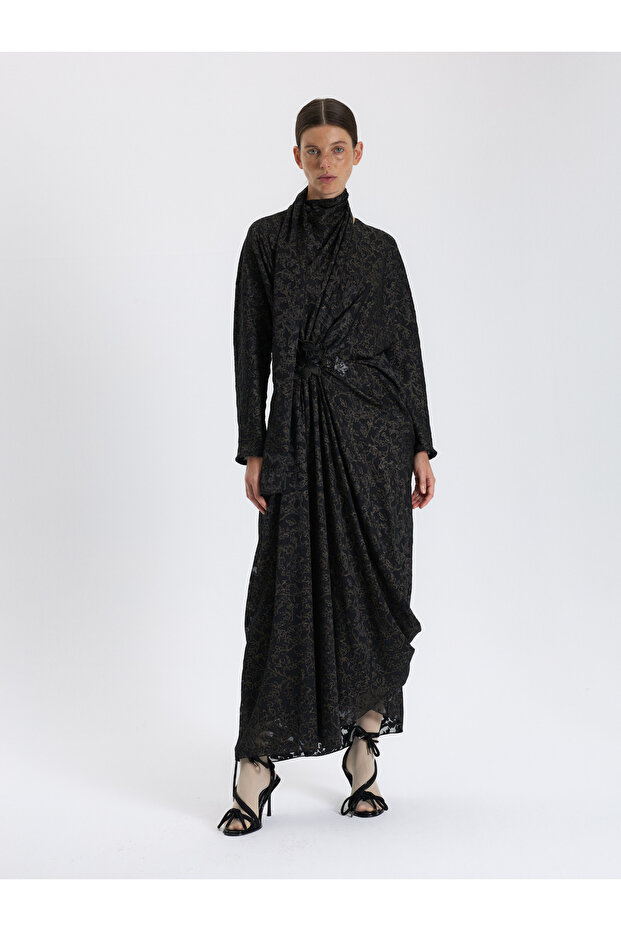 Siyah Desenli Drapeli Elbise - 1