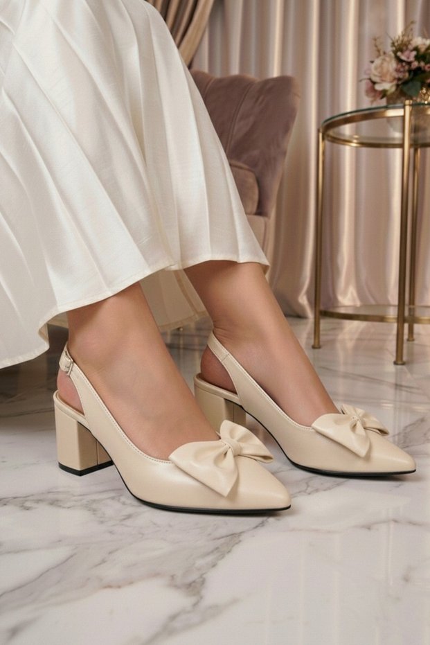 Women's Beige Bow Tie 5 cm Heeled Shoes Wsb3138