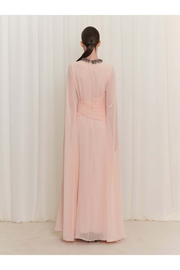 İşlemeli Drape Detaylı Şifon Elbise - 5