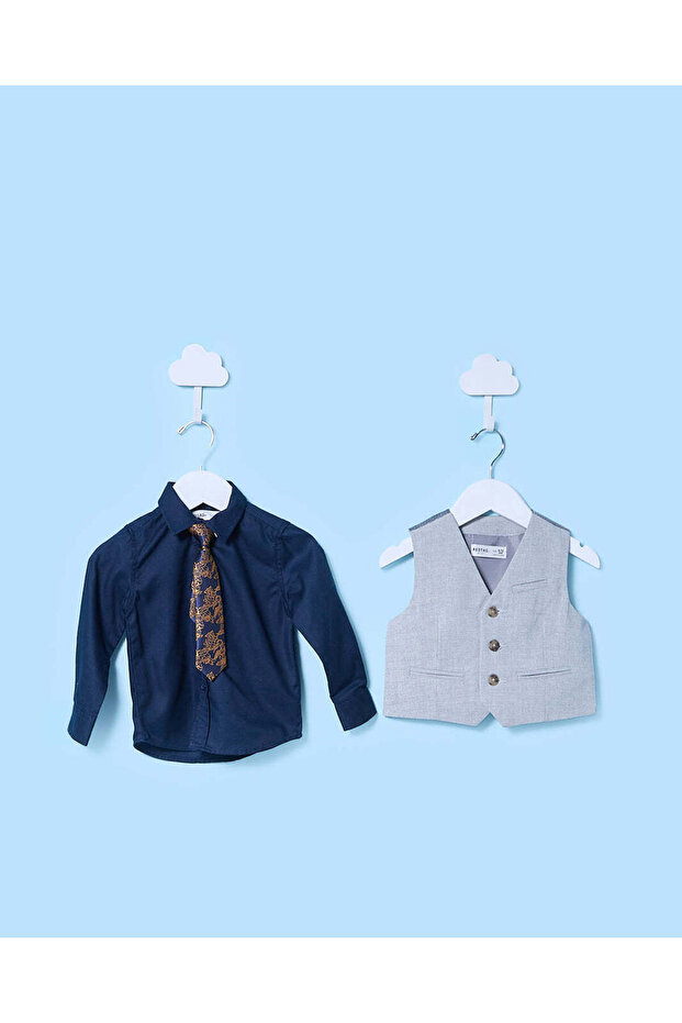 Infant Boys Navy And Grey Shirt With Vest Coat and Tie (3 Piece)