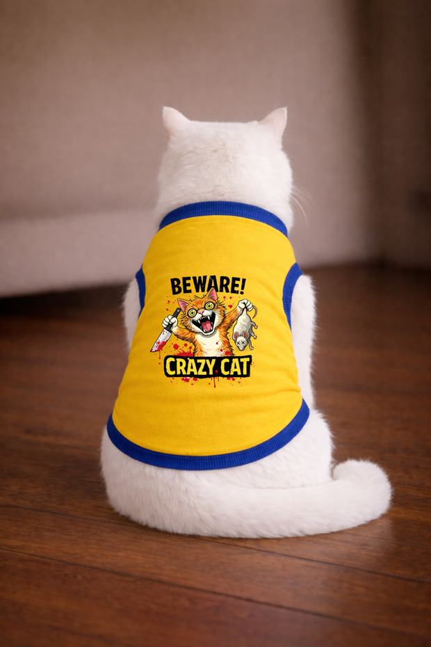 Yellow Crazy Cat Printed Cat Tshirt Size S Cat Clothing (100% Cotton Combed)
