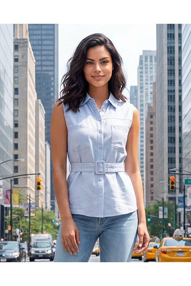 Women Blue Belted Causal Dress