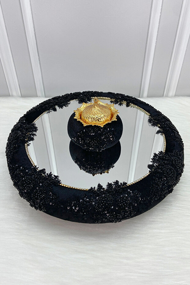 Black Vip Appliqued Mirrored Velvet Henna Night Tray Bride, Engagement Wedding Promise Ceremony