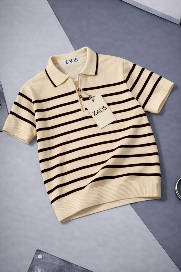 Men's Striped Zippered Polo Collar Knit T-Shirt Cotton High Quality Comfortable Regular Fit T-Shirt