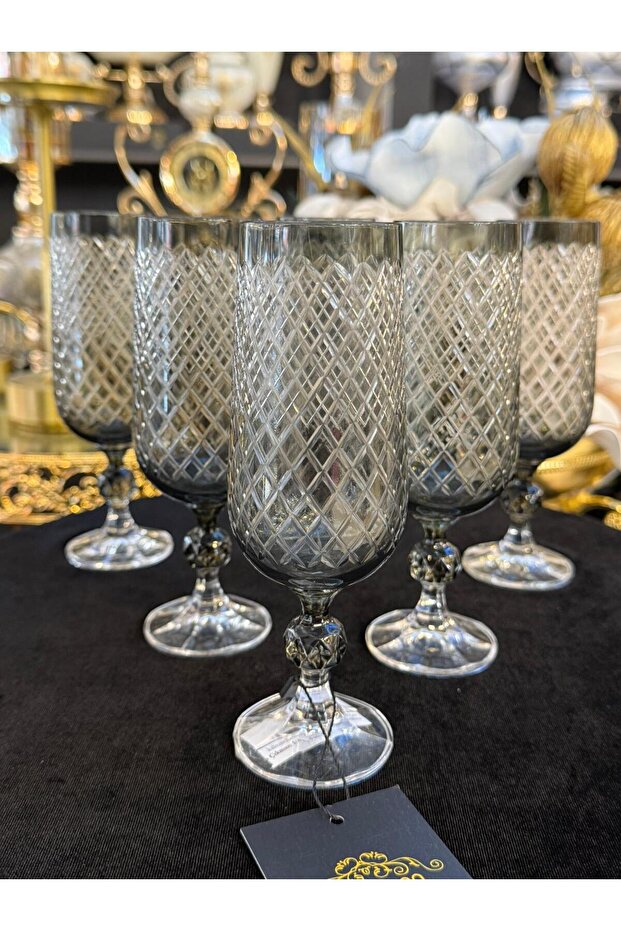 6 Pieces Bohemia Crystal Smoked Color Verşan Pattern 180 ml Coffee Cup Water Glass