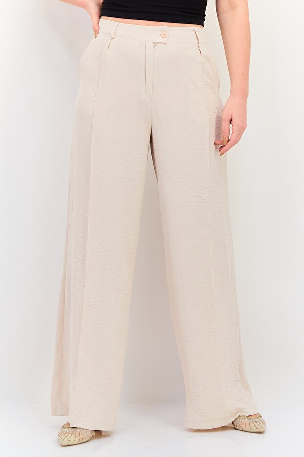 Women Regular Fit Plain Extra Wide Leg Pants, Beige