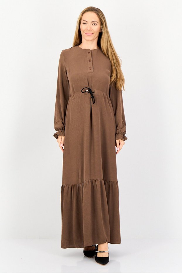 Women Plain Tie Waist Maxi Casual Dress, Chocolate Brown