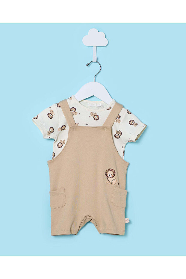 Baby White And Beige Printed Romper Suit (2 Piece)