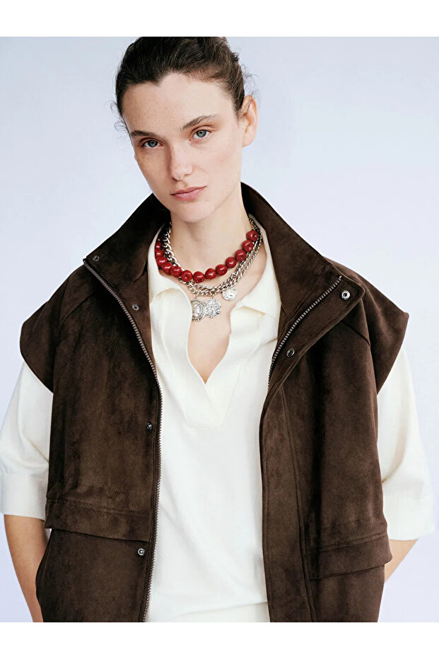 Lcw Vision Brown High Collar Oversize Women's Suede Look Vest