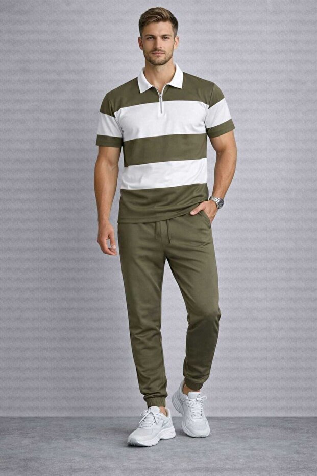 Men's Striped Oversize T-Shirt Half-Zip Elastic Cuffed Sweatpants Set