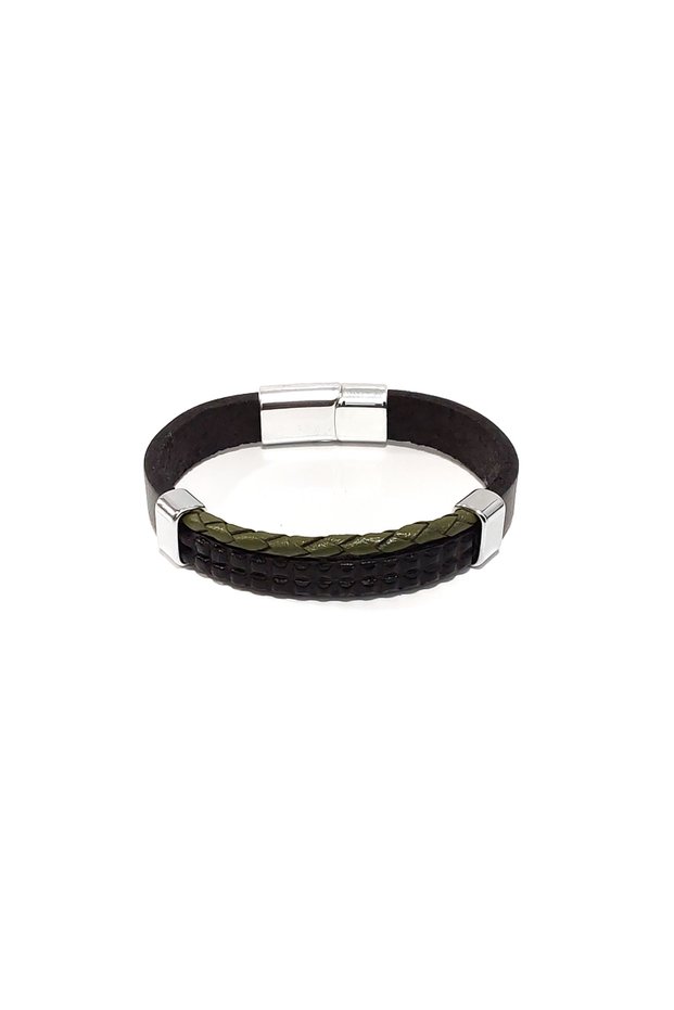 Olive Shadow Genuine Leather Men's Bracelet – Khaki Weave Detailed Steel Lock-50-547
