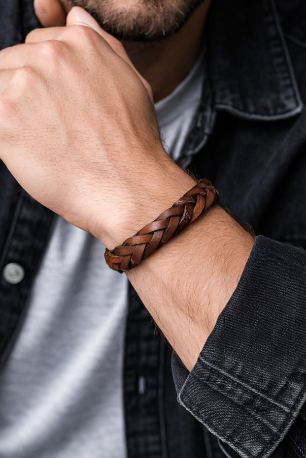 Brown Genuine Leather Braided Men's Bracelet – Classic Model with Steel Magnet Lock-50-540