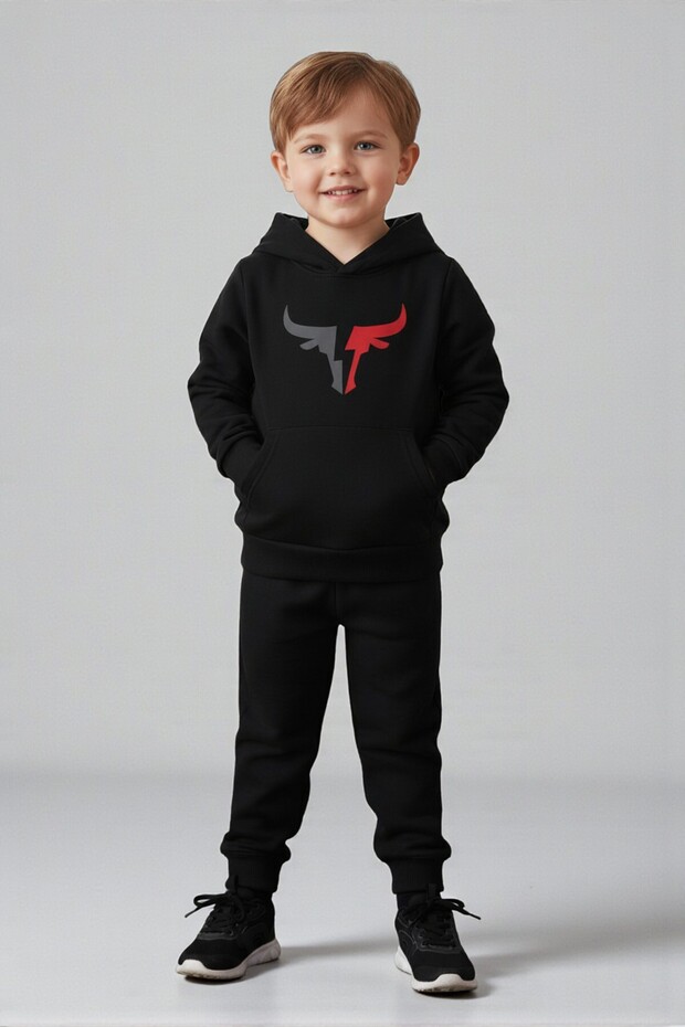 Bull Printed Boys' Hooded Tracksuit Set with Kangaroo Pockets