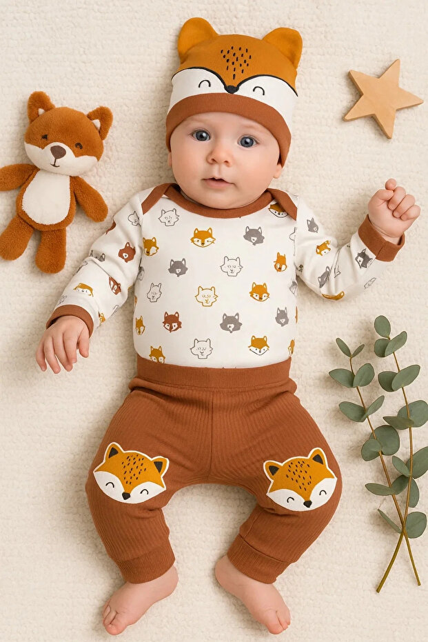 طقم رجالي منقوش من Little Fox مكون من 3 قطع مصنوع من القطن بنسبة 100%