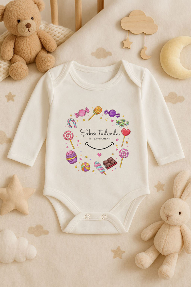 Good Holidays Candy Printed Cotton Long Sleeve Baby Ecru Bodysuit Undershirt Jumpsuit