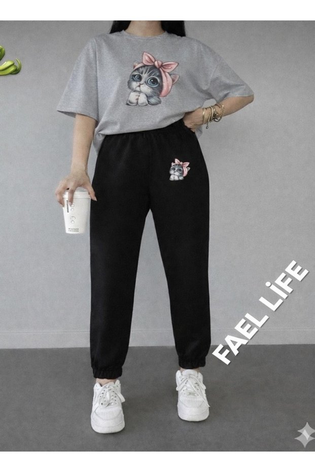 Girls'/Boys' Loose Fit T-Shirt and Sweatpants Cat Print Set