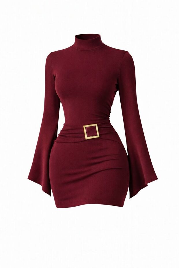 Trendy Model Burgundy V-Spanish Sleeve Stand Collar Buckle Detailed Gathering Pattern Mini Designer Dress