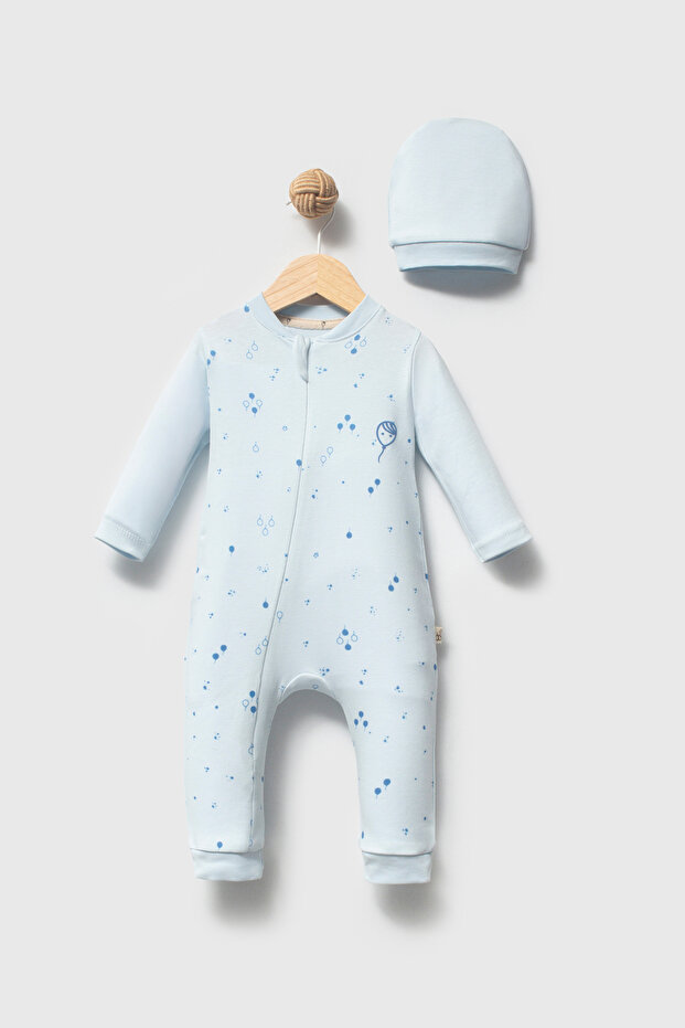 100% Organic Cotton Balloon Print Unisex Baby Jumpsuit with Zipper