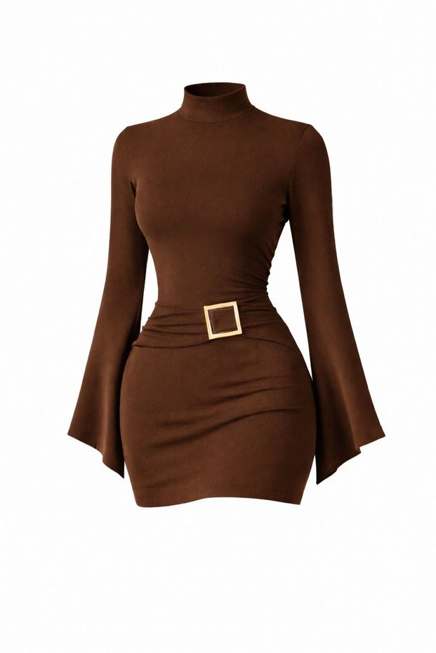 Trend Model Brown V-Bell Sleeve Mock Neck Buckle Detail Shaping / Sculpting Fit Mini Design Dress