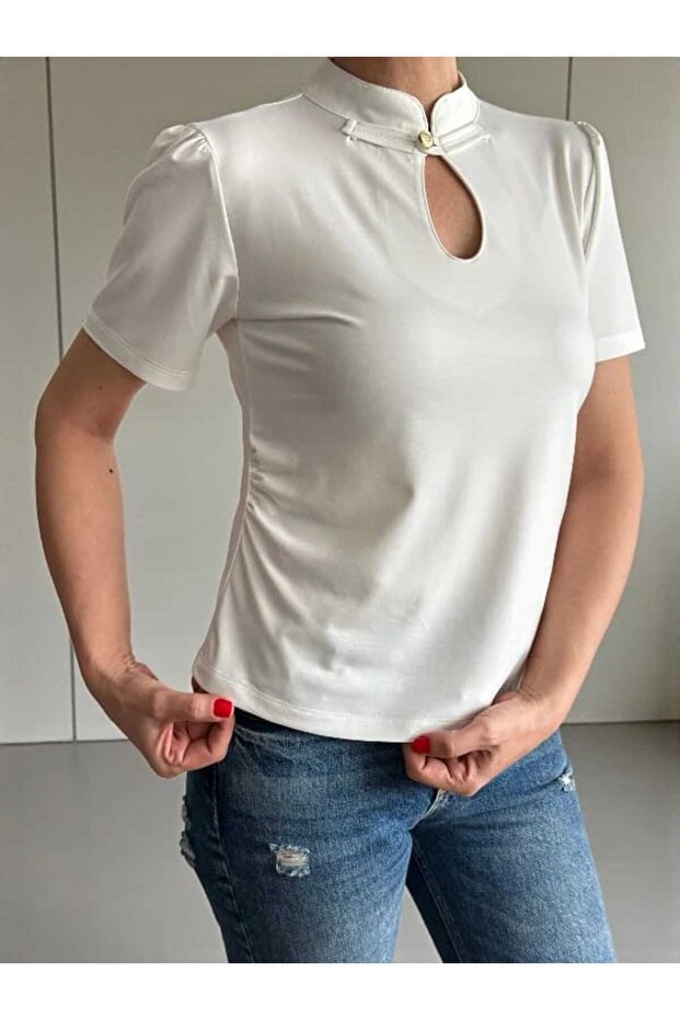 Button Detailed Side Pleated Blouse - 4