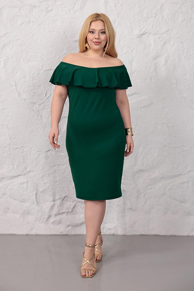 Women's Emerald Green Shoulder Detail Ruffle Collar Stretchy Plus Size Dress