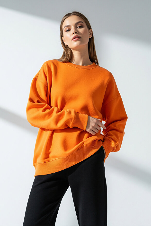 Kadın Oversize Bisiklet Yaka Basic Sweatshirt TURUNCU - 3