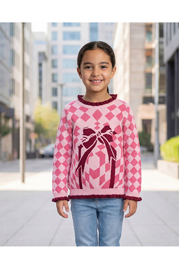 Girls Purple Knit Pullover with Graphic Motif