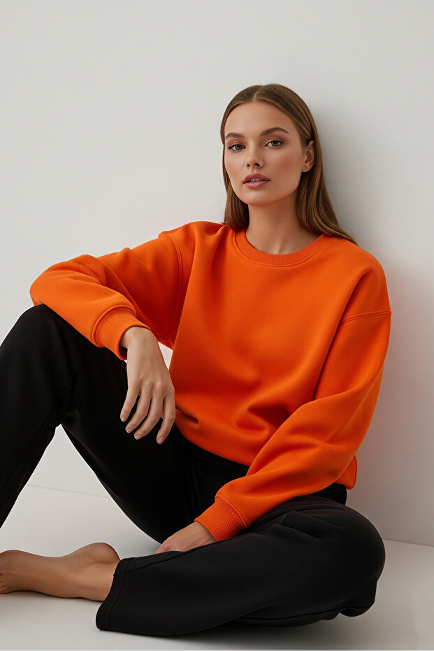Kadın Oversize Bisiklet Yaka Basic Sweatshirt TURUNCU - 5